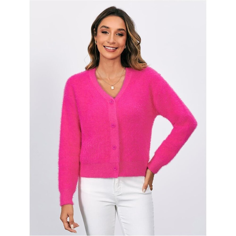 Women's Fuzzy Acrylic V Neck Button Down Long Sleeve Crop Cardigan - Picture 4 of 6